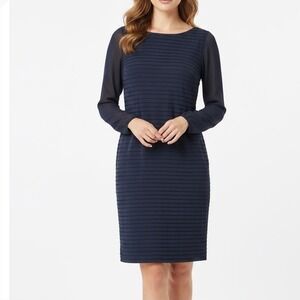 WEILL Navy Blue Sheer Sleeve Pleated Knee Length Dress Women's Size 12‎